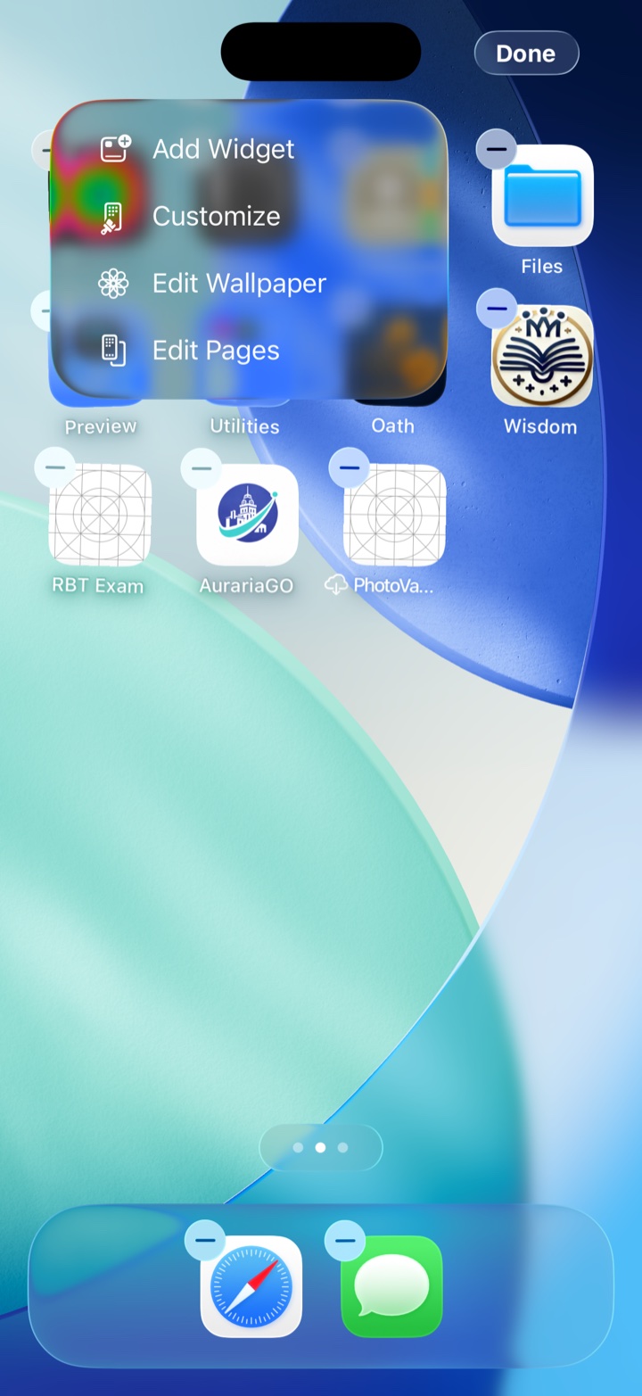 The wiggling Home Screen with the Edit button in the top-left corner tapped, showing a small menu with Add Widget at the top.