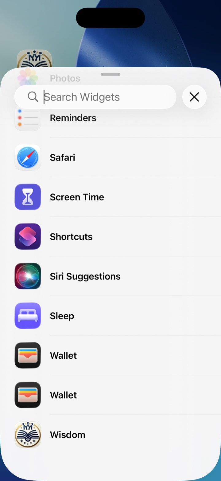 The widget list open over the Home Screen, with a search box at the top and Wisdom at the bottom of the list of apps.