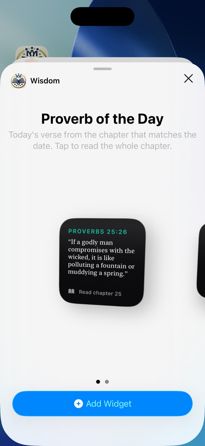 A preview of the Solomon's Wisdom widget showing a verse from Proverbs, with a blue plus Add Widget button below it.