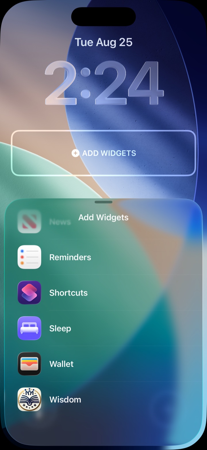 The Lock Screen being edited: a box under the clock reads ADD WIDGETS, and a list of apps is open below it with Wisdom at the bottom of the list.