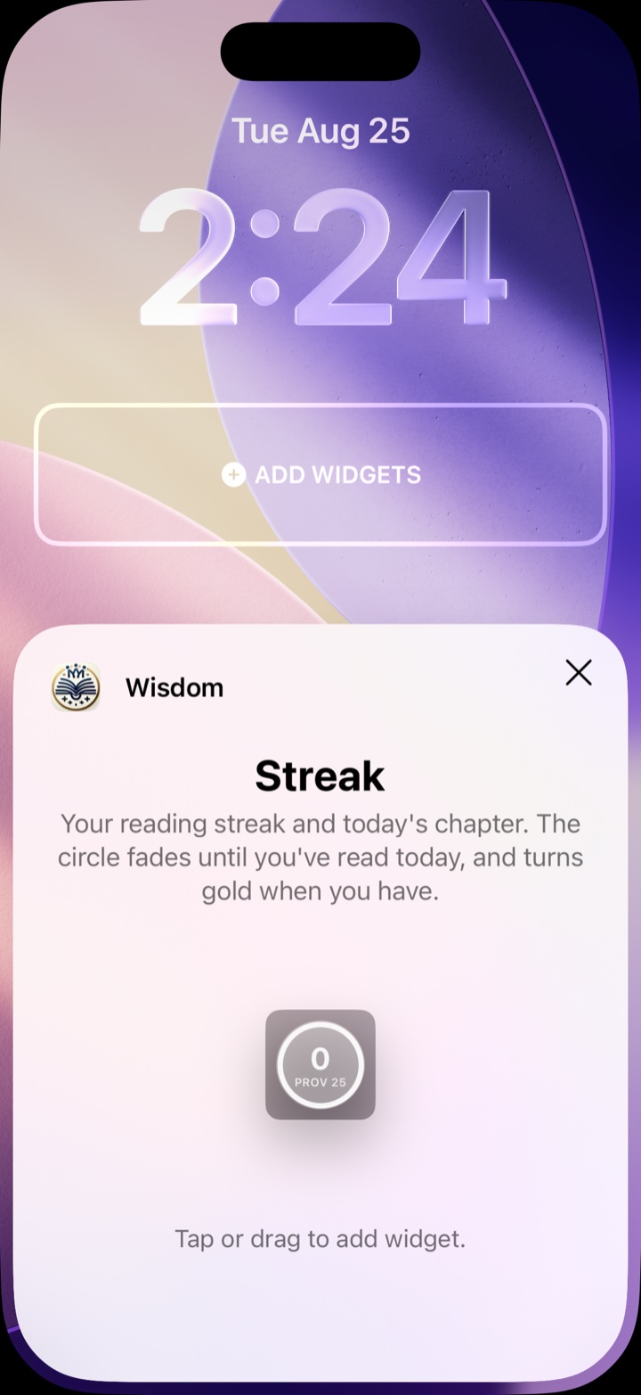 The Wisdom card titled Streak, explaining that the circle fades until you've read today and turns gold when you have, with the round widget in the middle and the words Tap or drag to add widget underneath.